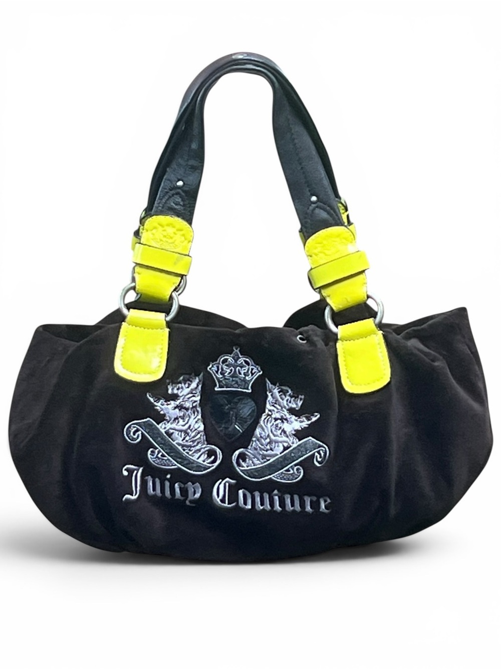 Vintage Y2K Juicy Couture Black Velour Hobo Bag Neon Yellow Scottie Crown Logo